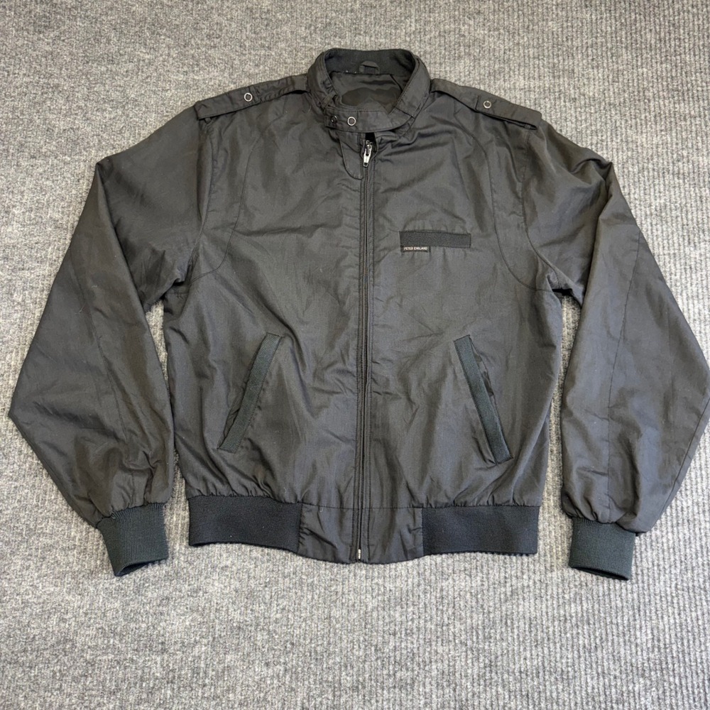 Vintage 80s 90s Peter England Black Racer Jacket‎ Men's Medium Epaulets Moto